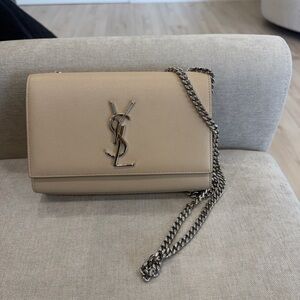 Saint Laurent Beige Leather YSL Chain Shoulder Bag with Silver Hardware